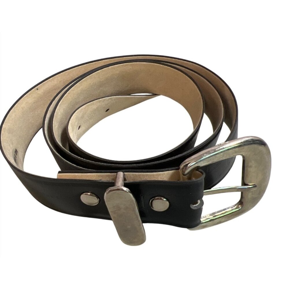 Womens Black Faux Alligator Embossed Belt Silver‎ Tone Buckle & Tip Taiwan 34"